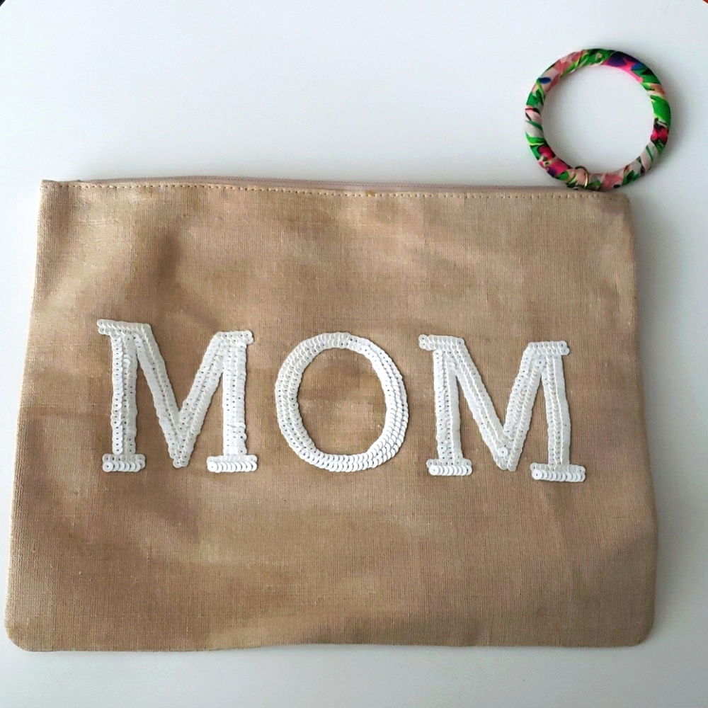 NWOT Large Burlap Sequin Embroidered "MOM" Clutch